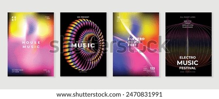 Music poster design background vector set. Electro Sound Cover template with abstract gradient halftone dotted, line wave. Ideal design for social media, flyer, party, music festival, club.