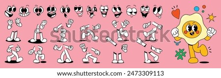 Set of 70s groovy comic faces vector. Collection of cartoon character faces, leg, hand in different emotions happy, angry, sad, cheerful. Cute retro groovy hippie illustration for decorative, sticker.