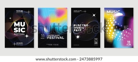 Music poster design background vector set. Electro Sound Cover template with vibrant abstract gradient line wave. Ideal design for social media, flyer, party, music festival, club.