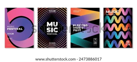 Music poster design background vector set. Electro Sound Cover template with vibrant abstract gradient line wave and geometric shape. Ideal design for social media, flyer, party, music festival, club.