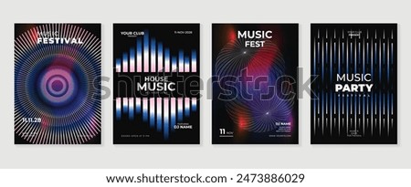 Music poster design background vector set. Electro Sound Cover template with vibrant abstract gradient line wave and geometric shape. Ideal design for social media, flyer, party, music festival, club.