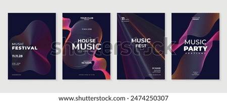 Music poster design background vector set. Electro Sound Cover template with vibrant abstract gradient line wave. Ideal design for social media, flyer, party, music festival, club.