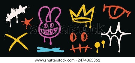 Set of graffiti spray element vector. Collection of colorful symbol, scribble, stroke, rabbit, crown, sparkle, cross, tongue. Element on black background for banner, decoration, street art, ads.