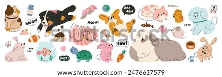 Cute pet doodle vector set. Cartoon animals characters design collection with dog, cat, bird, fish, rabbit, rat, turtle in different poses. Set of funny pet animals isolated on white background.