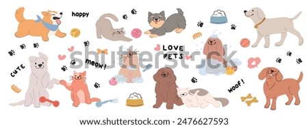 Cute pet doodle vector set. Cartoon dogs and cats characters design collection with flat color in different poses, toy, ball, pet food, bowl. Set of funny pet animals isolated on white background.