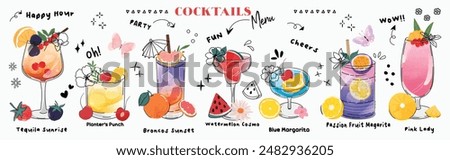 Set of cocktail drinks special promotions design. Alcohol beverage, fresh yummy drinks, sparkling water, summer juice in different glasses. Classic cocktail vector for advertisement, menu, poster.