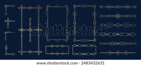 Collection of geometric art deco ornament. Luxury golden decorative element with different line, frame, headers, dividers, borders, gatsby. Set of elegant design suitable for card, invitation, poster.