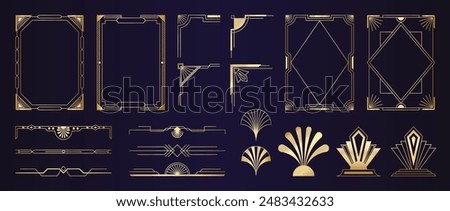 Collection of geometric art deco ornament. Luxury golden decorative element with different line, frame, headers, dividers, borders, gatsby. Set of elegant design suitable for card, invitation, poster.