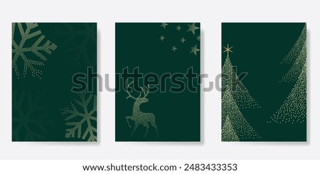 Luxury christmas and happy new year holiday cover template vector set. Gold winter reindeer, glittering christmas tree, snowflakes on green background. Design for card, greeting, wallpaper, poster.