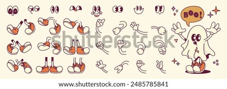 Set of 70s groovy comic faces vector. Collection of cartoon character faces, leg, hand in different emotions happy, angry, sad, ghost. Cute retro groovy hippie illustration for decorative, sticker.