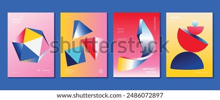 Modern gradient poster background vector set. Minimalist style cover template with vibrant perspective 3d geometric prism shapes collection. Ideal design for social media, cover, banner, flyer.