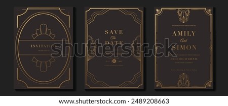 Luxury wedding invitation card vector. Elegant art deco classic antique design, gold lines gradient, frame on dark brown background. Premium design illustration for gala, grand opening, VIP cover.