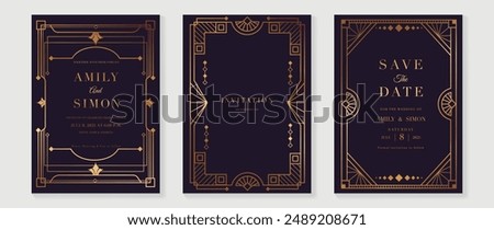 Luxury wedding invitation card vector. Elegant art deco classic antique design, gold lines gradient, frame on dark purple background. Premium design illustration for gala, grand opening, VIP cover.