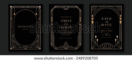 Luxury wedding invitation card vector. Elegant art deco classic antique design, gold lines gradient, frame on dark background. Premium design illustration for gala, grand opening, VIP cover.