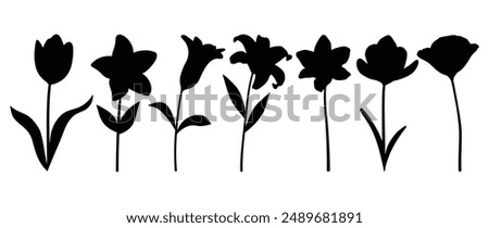 Collection of botanical silhouette elements vector. Set of tropical plants, wildflower, rose, lily flower, tulip. Hand drawn of botanical for decor, website, graphic, decorative.