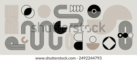 Hand drawn abstract minimal element mid century vector set. Aesthetic contemporary stripe line art, geometric shape in monochrome. Art form design for wall art, decoration, wallpaper.