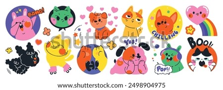 Set of cute pet sticker vector. Lovely cat and dog doodle pattern in different poses and breeds. Adorable funny pet and many characters hand drawn collection for T-shirt, sticker, print, pet shop.