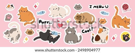 Set of cute cat sticker vector. Lovely cat and friendly doodle pattern in different poses and breeds. Adorable funny pet and many characters hand drawn collection for T-shirt,sticker, print, pet shop.