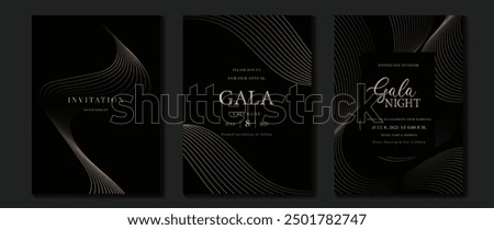 Luxury invitation card background vector. Golden elegant wavy gold line pattern on black background. Premium design illustration for wedding, vip cover template, grand opening, flyer.