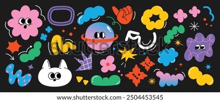 Set of funky groovy element vector. Collection of cartoon characters, cute doodle dawn, sparkle, flower, cloud, saturn, bear. Retro hippie design for decorative, sticker, toys and kids.