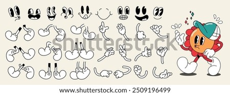 Set of 70s groovy comic faces vector. Collection of cartoon character faces, leg, hand in different emotions happy, angry, sad, flower. Cute retro groovy hippie illustration for decorative, sticker.