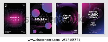 Music poster design background vector set. Electro Sound Cover template with vibrant abstract gradient line wave, geometric shape. Ideal design for social media, flyer, party, music festival, club.