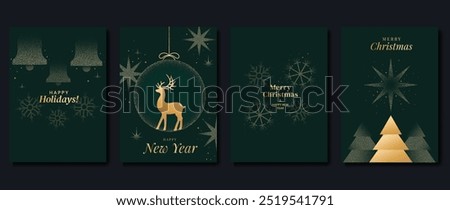 Luxury christmas invitation card art deco design vector. Christmas bauble ball, reindeer, bell, tree in spot texture on green background. Design illustration for cover, poster, greeting card.