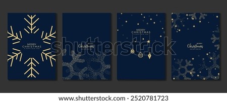 Christmas invitation card art deco design vector. Christmas bauble, snowflake in spot texture on navy blue background. Design illustration for cover, poster, wallpaper, greeting card.