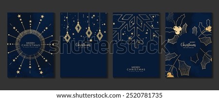 Christmas invitation card art deco design vector. Christmas holly berry, snowflake in spot texture on watercolor blue background. Design illustration for cover, poster, wallpaper, greeting card.