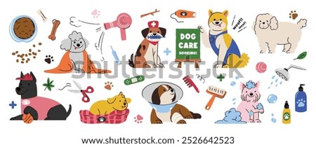 Cute dogs doodle vector set. Cartoon pet character design collection with dog care, dog health, shampoo, toy, ball, dog food, bowl. Set of funny pet animals isolated on white background.