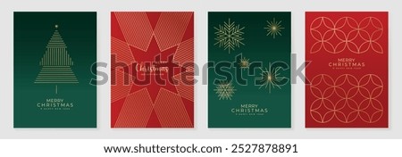 Luxury christmas invitation card art deco design vector. Christmas tree, snowflake, firework line art on green and red background. Design illustration for cover, poster, wallpaper.