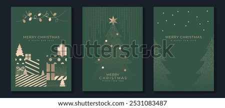 Luxury christmas invitation card art deco design vector. Christmas tree, snowflake, firework line art, watercolor on green and red background. Design illustration for cover, print, poster, wallpaper.