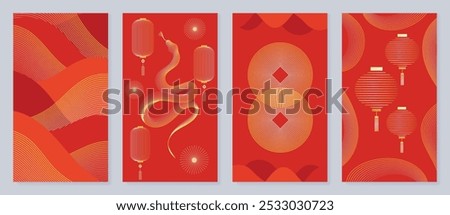 Chinese New Year 2025 card background vector. Year of the Snake design with golden snake, cloud, flower, firework, pattern. Elegant oriental illustration for cover, banner, website, calendar.