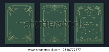 Luxury christmas invitation card art deco design vector. Christmas bauble, holly, snowflake gold line art on green background. Design illustration for holidays cover, season's greeting poster.