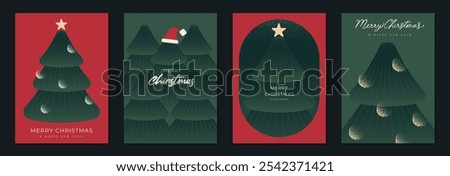 Elegant christmas invitation card art deco design vector. Christmas tree line art, star, spot texture on green and red background. Design illustration for season's greeting poster, cover.