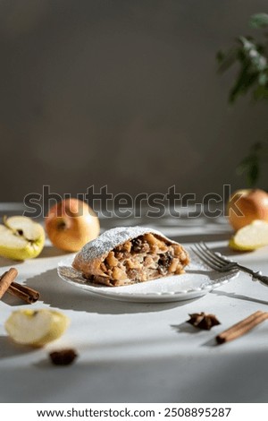 Similar – Image, Stock Photo A piece of apple pie on a plate and a cup of coffee on a white bedspread. View from above.