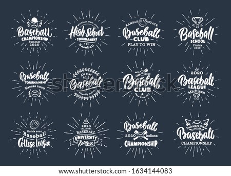 Set of vintage Baseball emblems and stamps. Baseball club, school, league badges, templates, stickers with rays. Collection of retro logos with hand-drawn text and phrases. Vector illustration.