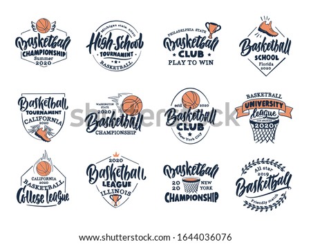 Set of vintage Basketball emblems and stamps. Basketball club, school, league badges, templates and stickers. Collection of retro sport logos with hand-drawn text and phrases. Vector illustration