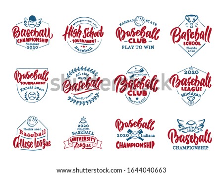 Set of vintage Baseball emblems and stamps. Colorful badges, templates and stickers on white background. Collection of retro logos with hand-drawn text and phrases. Vector illustration