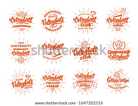 Set of vintage Volleyball emblems and stamps. Sport badges, templates and stickers for Volleyball club, school. Collection of retro logos with rays, hand-drawn text and phrases. Vector illustration