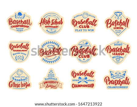 Set of vintage Baseball stickers, patches. Baseball club, school, league badges, templates, emblems and stamps. Collection of retro logos with hand-drawn text and phrases. Vector illustration.