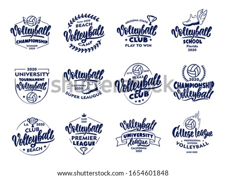 Set of vintage Volleyball emblems and stamps. Blue badges, templates and stickers for club, school on white background. Collection of retro logos with hand-drawn text and phrases. Vector illustration