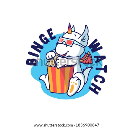 The little dragon is watching a film and eating a popcorn. Rainbow unicorn-monster with a lettering phrase - Binge Watch. Good for t-shirts, cloth designs, etc. Vector illustration