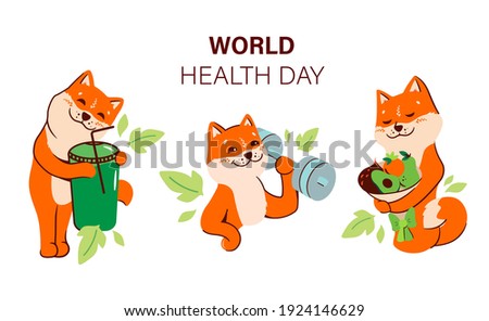 The set of Akita dogs for a healthy lifestyle. The cartoon puppy with vegetables, fruits, green cocktail, leaves and barbell. Collection of vector illustrations for world health day designs