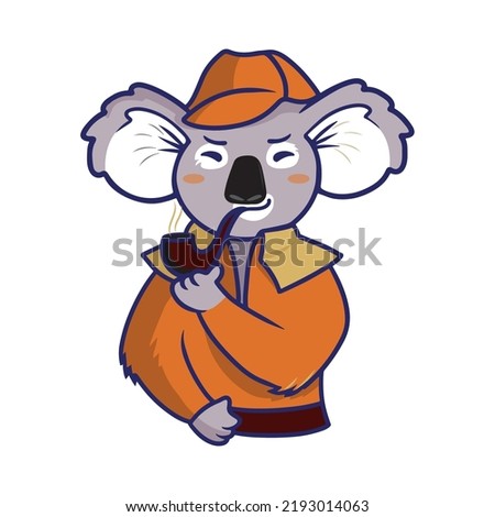 The cartoon logo of a koala is in the form of a symbol of Sherlock Holmes. Graphic portrait of boy animal vector illustration in flat style

