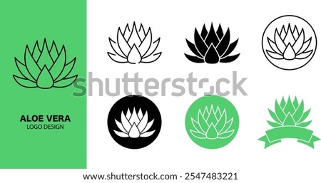 Aloe Vera Icon, Line Art, Silhouette in Circle, Ribbon, Black and Color Variant set for Business Branding