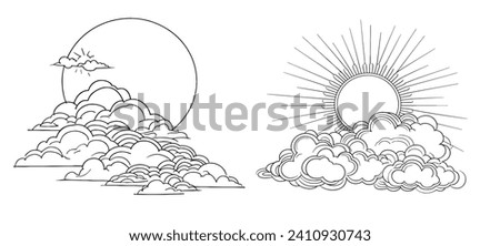 One continuous line drawing of Clouds with sun in the sky.  Outline of isolated on white background. Monochrome vector illustration.