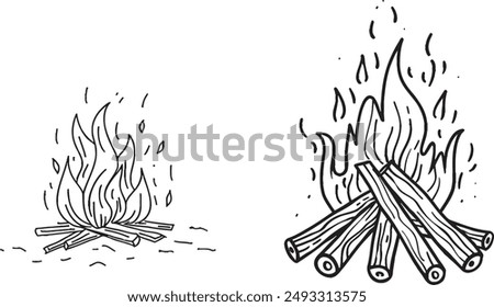 A single continuous line drawing of a bonfire for camping activities. Used to warm bodies in campsite at night, cook food, and boil water for hot tea. The design is modern and one line drawing for