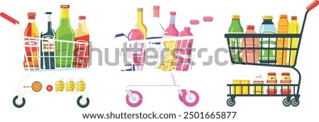 Grocery store trolley and cart. Illustration of the trolley and cart in the supermarket. Shopping Carts Filled with Bottles vector