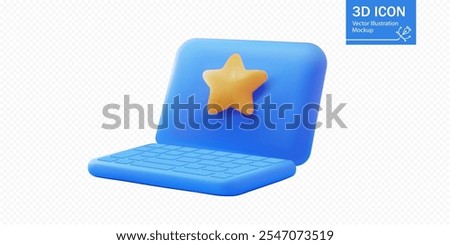 A stylized 3D illustration of a blue laptop with a yellow star icon on its screen, representing favorite content, rating, or achievement in a digital context